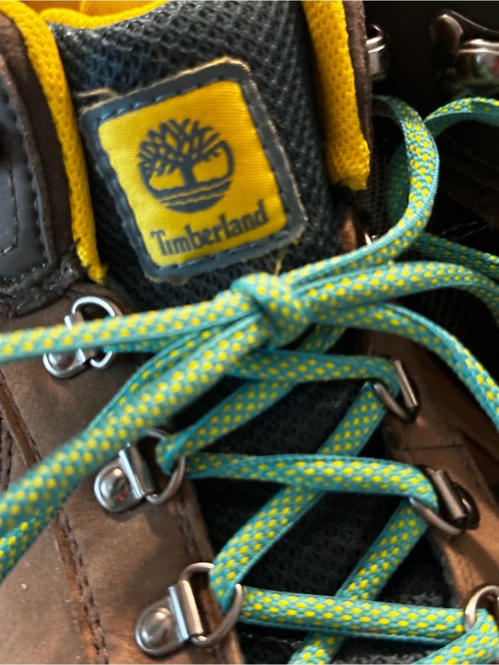 Timberland Brown Boots with Yellow Collar and Teal Laces